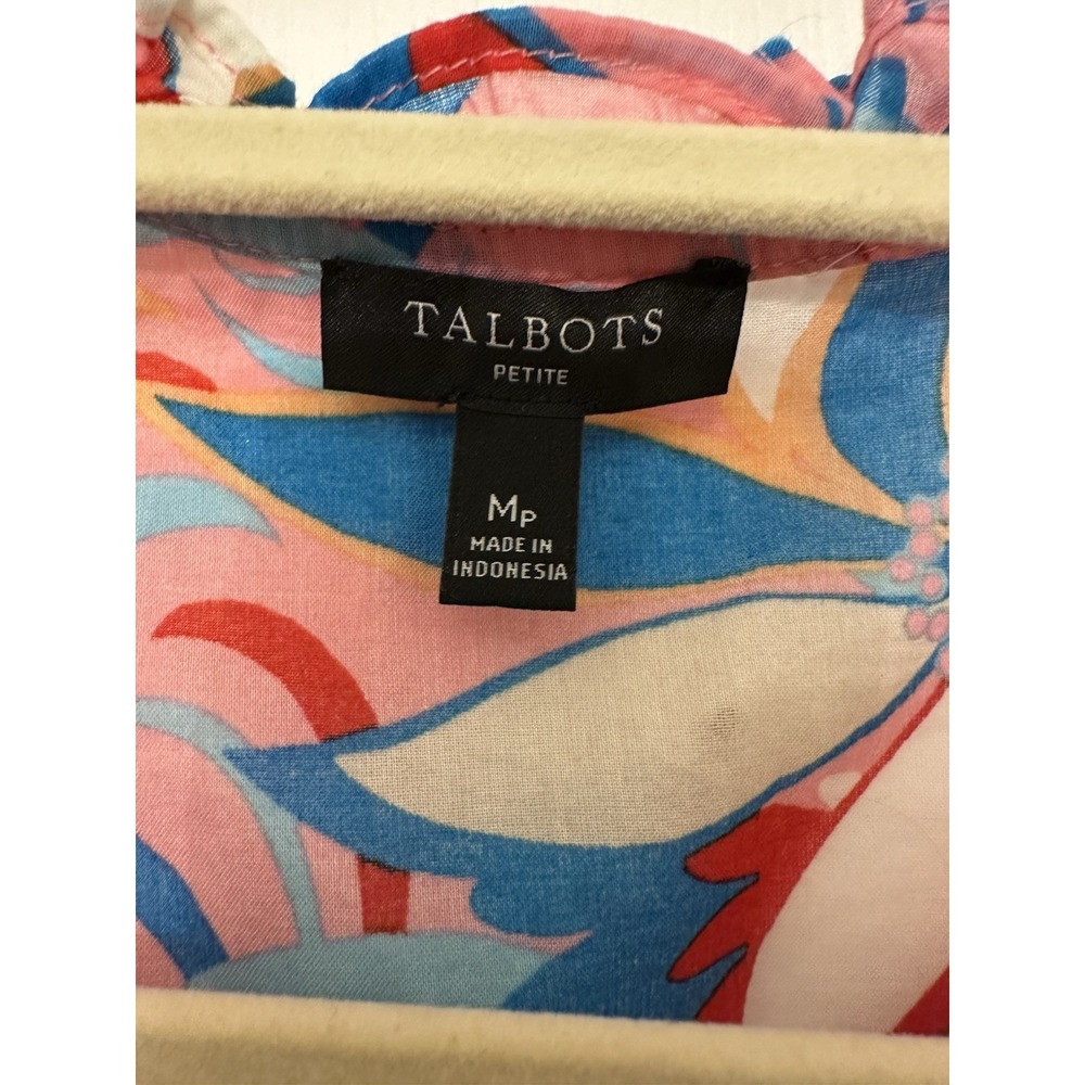 Talbots Pink Blue Floral Ruffle Button Front Sleeveless V-Neck Blouse Petite MP - Picture 3 of 3